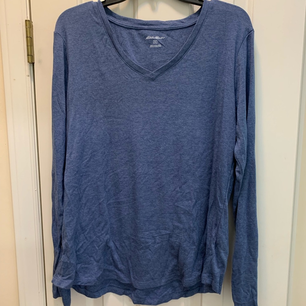 Eddie Bauer Heather Blue V-Neck Long Sleeve